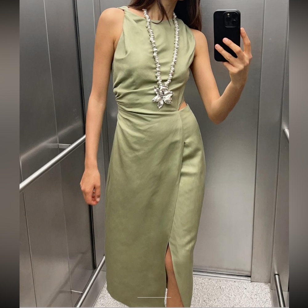 Zara Green linen midi dress, new with tags